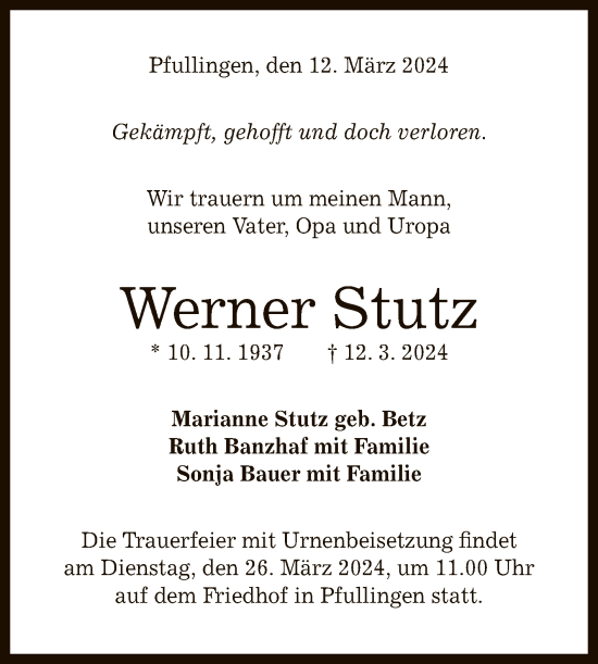 Anzeige von Werner Stutz von Reutlinger General-Anzeiger