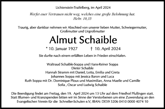 Anzeige von Almut Schaible von Reutlinger General-Anzeiger