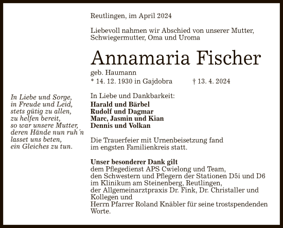Anzeige von Annamaria Fischer von Reutlinger General-Anzeiger
