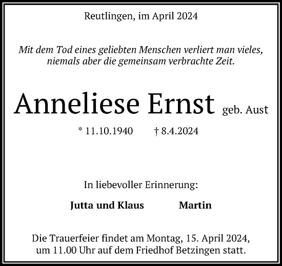 Anzeige von Anneliese Ernst von Reutlinger General-Anzeiger