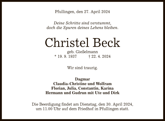 Anzeige von Christel Beck von Reutlinger General-Anzeiger