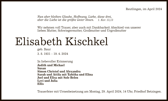 Anzeige von Elisabeth Kischkel von Reutlinger General-Anzeiger