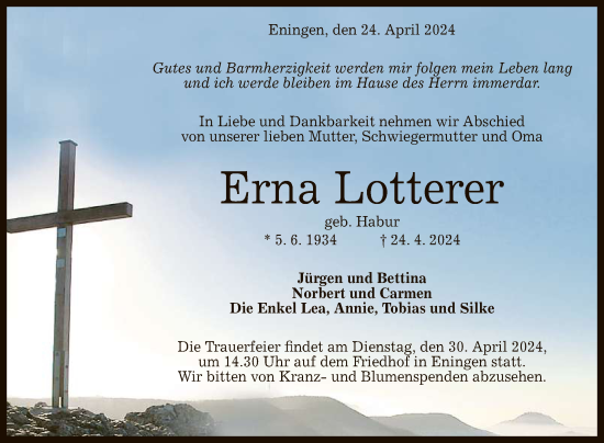 Anzeige von Erna Lotterer von Reutlinger General-Anzeiger