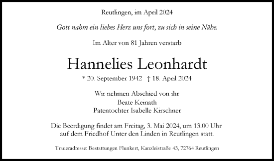 Anzeige von Hannelies Leonhardt von Reutlinger General-Anzeiger