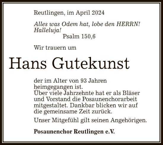 Anzeige von Hans Gutekunst von Reutlinger General-Anzeiger