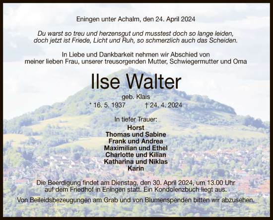 Anzeige von Ilse Walter von Reutlinger General-Anzeiger