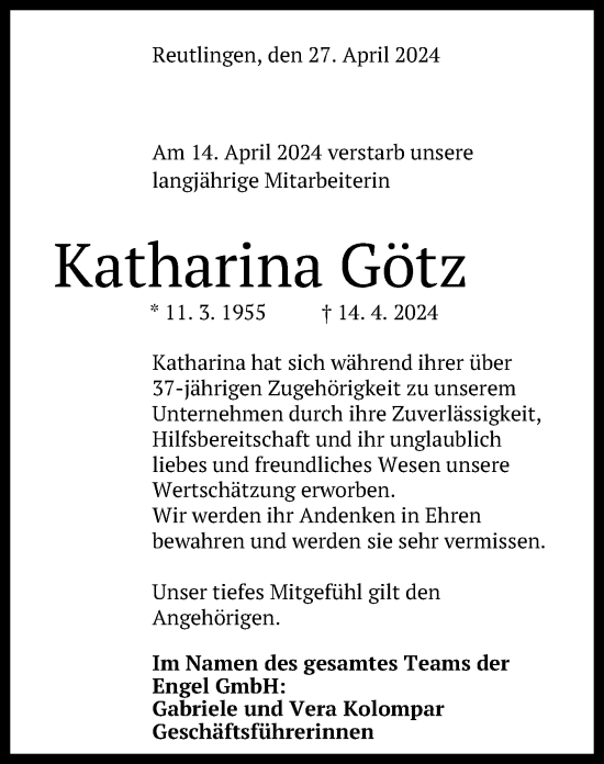 Anzeige von Katharina Götz von Reutlinger General-Anzeiger