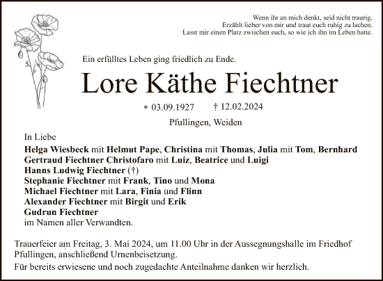 Anzeige von Lore  Fiechtner von Reutlinger General-Anzeiger