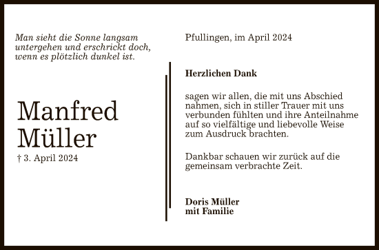 Anzeige von Manfred Müller von Reutlinger General-Anzeiger