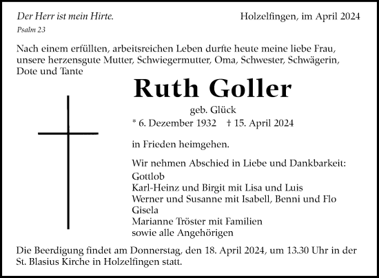 Anzeige von Ruth Goller von Reutlinger General-Anzeiger
