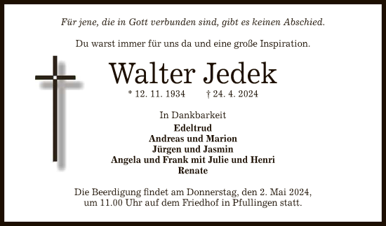 Anzeige von Walter Jedek von Reutlinger General-Anzeiger