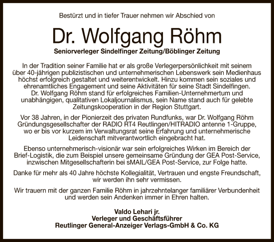 Anzeige von Wolfgang Röhm von Reutlinger General-Anzeiger