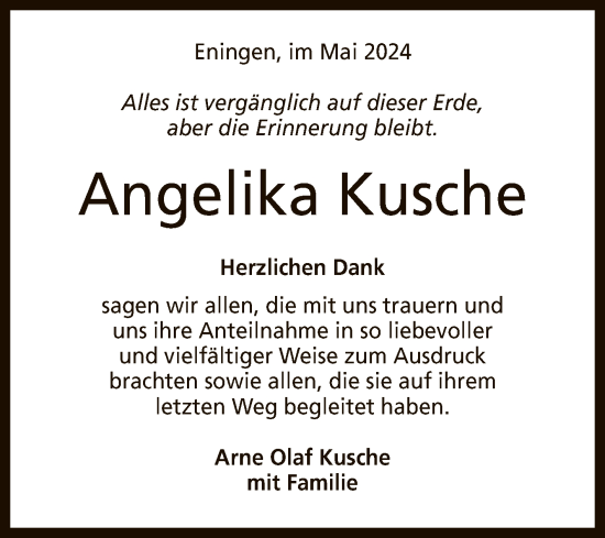 Anzeige von Angelika Kusche von Reutlinger General-Anzeiger