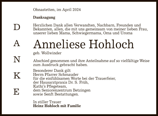Anzeige von Anneliese Hohloch von Reutlinger General-Anzeiger