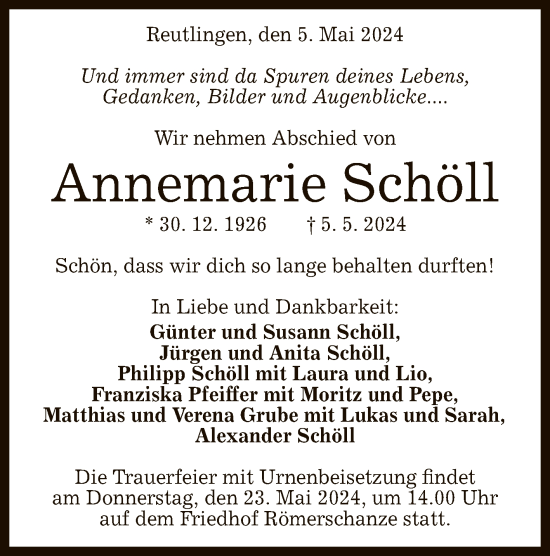 Anzeige von Annemarie Schöll von Reutlinger General-Anzeiger