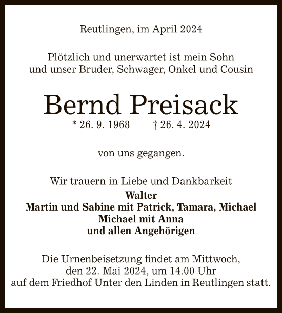 Anzeige von Bernd Preisack von Reutlinger General-Anzeiger