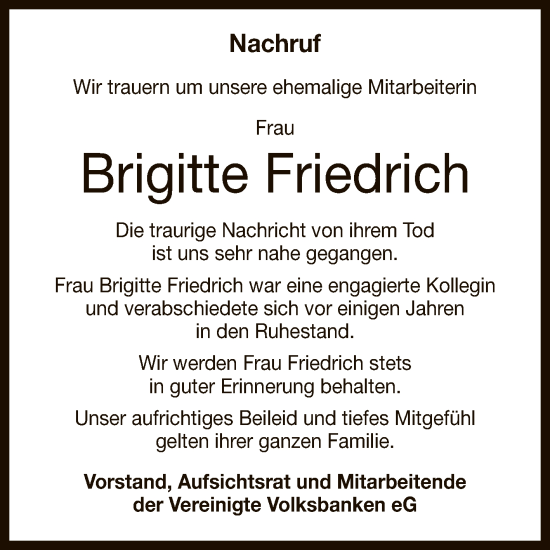 Anzeige von Brigitte Friedrich von Reutlinger General-Anzeiger