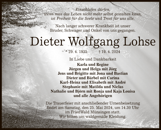 Anzeige von Dieter Wolfgang Lohse von Reutlinger General-Anzeiger