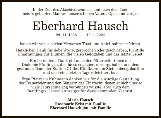 Anzeige von Eberhard Hausch von Reutlinger General-Anzeiger