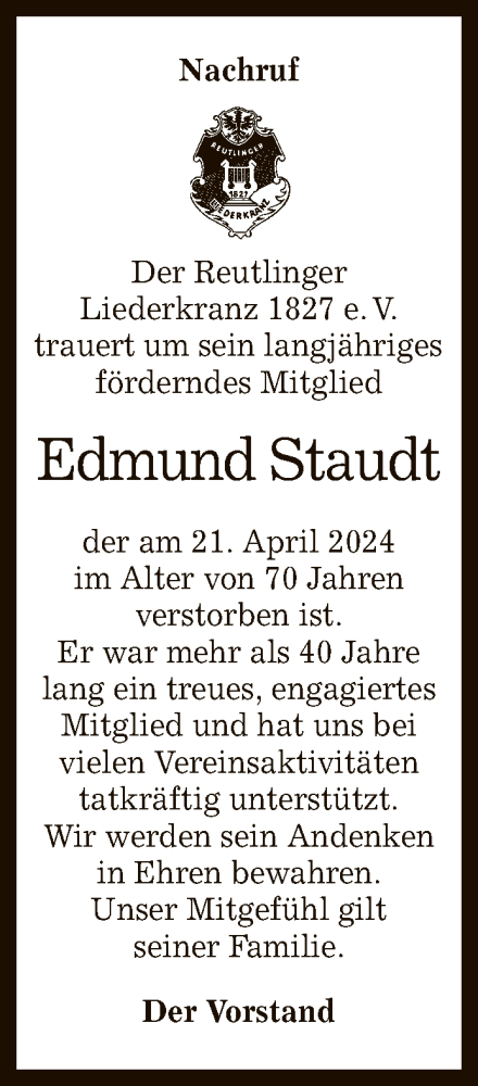 Anzeige von Edmund Staudt von Reutlinger General-Anzeiger