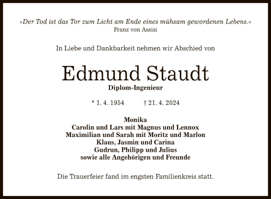 Anzeige von Edmund Staudt von Reutlinger General-Anzeiger