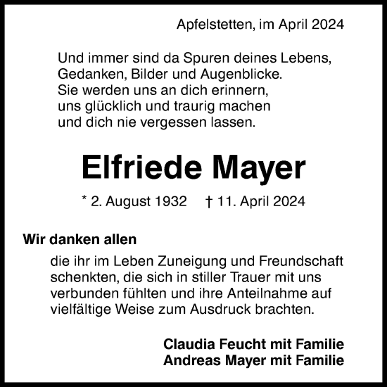 Anzeige von Elfriede Mayer von Reutlinger General-Anzeiger