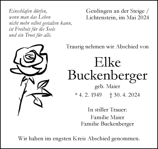 Anzeige von Elke Buckenberger von Reutlinger General-Anzeiger