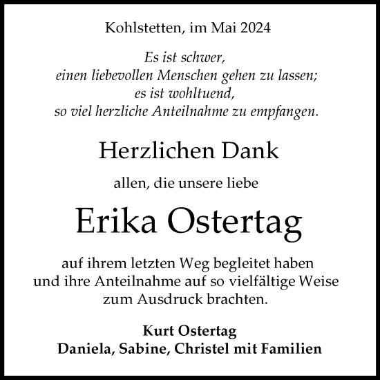 Anzeige von Erika Ostertag von Reutlinger General-Anzeiger