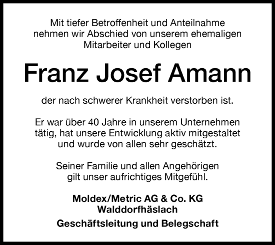Anzeige von Franz Josef Amann von Reutlinger General-Anzeiger