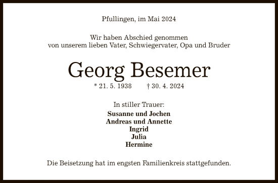 Anzeige von Georg Besemer von Reutlinger General-Anzeiger