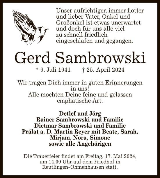 Anzeige von Gerd Sambrowski von Reutlinger General-Anzeiger