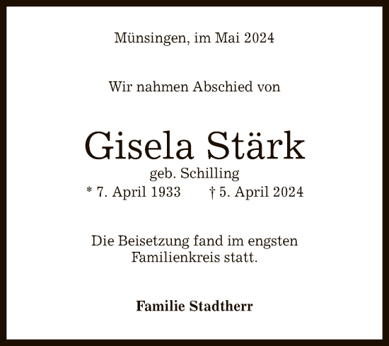 Anzeige von Gisela Stärk von Reutlinger General-Anzeiger