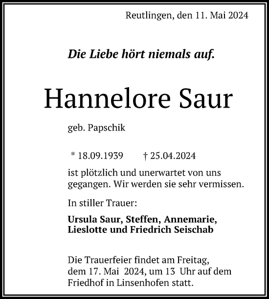 Anzeige von Hannelore Saur von Reutlinger General-Anzeiger