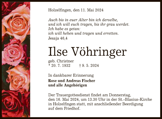 Anzeige von Ilse Vöhringer von Reutlinger General-Anzeiger