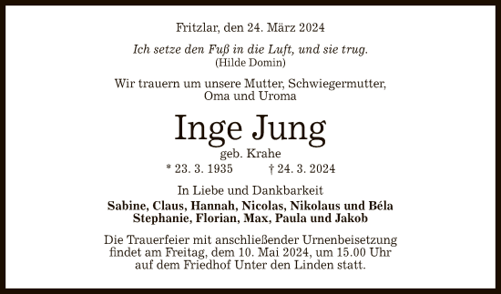 Anzeige von Inge Jung von Reutlinger General-Anzeiger