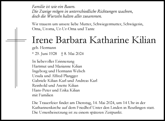 Anzeige von Irene Barbara Katharine Kilian von Reutlinger General-Anzeiger