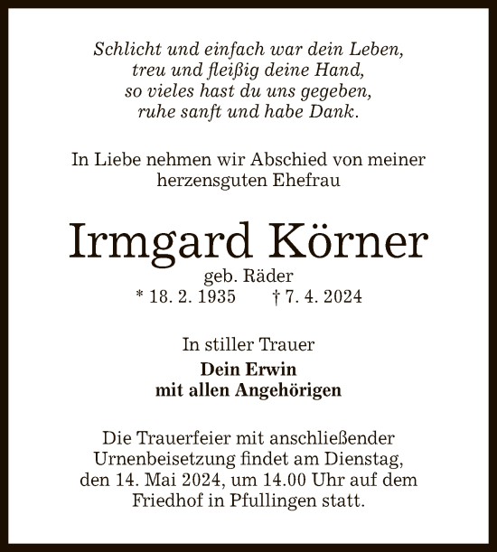 Anzeige von Irmgard Körner von Reutlinger General-Anzeiger