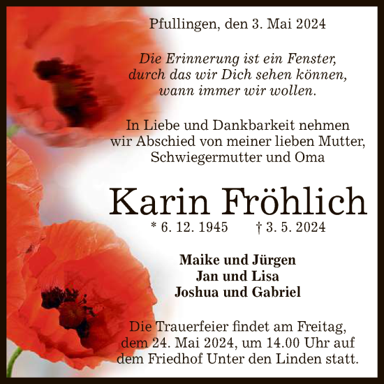 Anzeige von Karin Fröhlich von Reutlinger General-Anzeiger