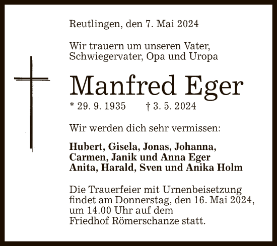 Anzeige von Manfred Eger von Reutlinger General-Anzeiger