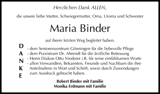 Anzeige von Maria Binder von Reutlinger General-Anzeiger