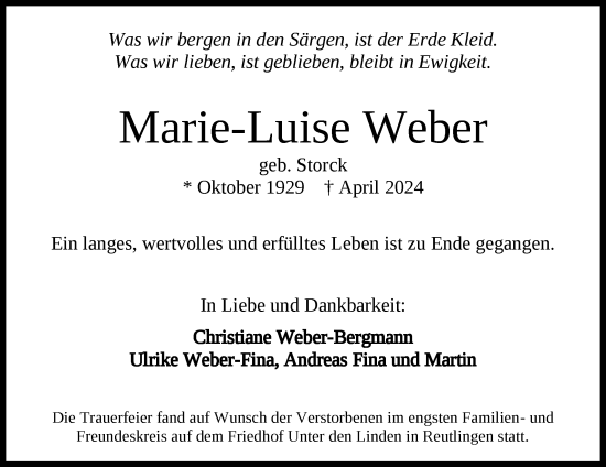 Anzeige von Marie-Luise Weber von Reutlinger General-Anzeiger
