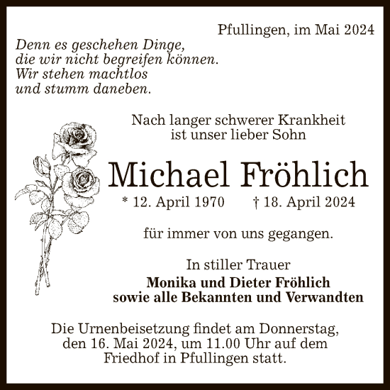 Anzeige von Michael Fröhlich von Reutlinger General-Anzeiger