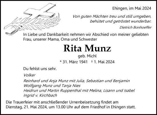 Anzeige von Rita Munz von Reutlinger General-Anzeiger