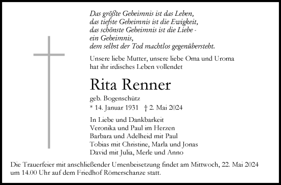 Anzeige von Rita Renner von Reutlinger General-Anzeiger