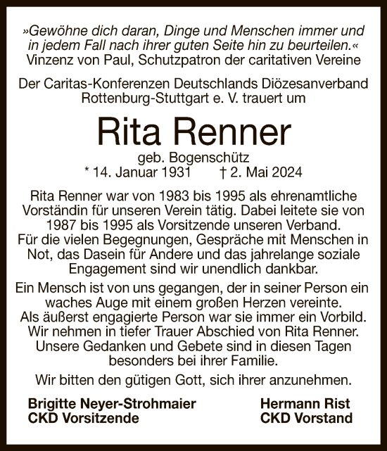 Anzeige von Rita Renner von Reutlinger General-Anzeiger