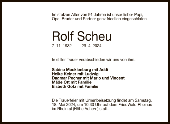 Anzeige von Rolf Scheu von Reutlinger General-Anzeiger