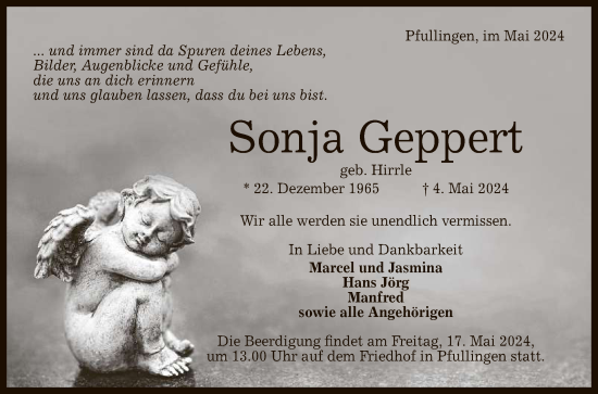 Anzeige von Sonja Geppert von Reutlinger General-Anzeiger