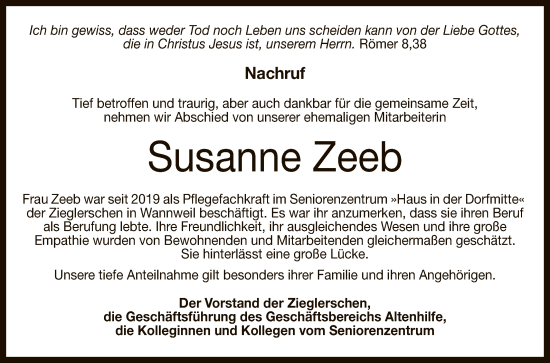 Anzeige von Susanne Zeeb von Reutlinger General-Anzeiger