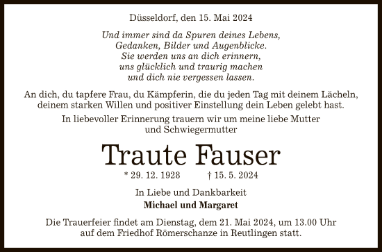 Anzeige von Traute Fauser von Reutlinger General-Anzeiger
