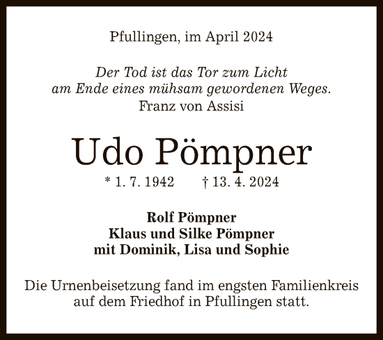 Anzeige von Udo Pömpner von Reutlinger General-Anzeiger